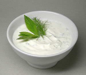 Turkish cacık, made with yoghurt and cucumber
