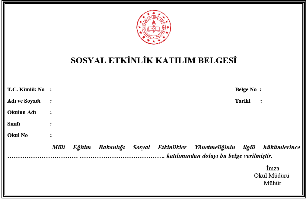 Sosyal Etkinlik Katılım Belgesi önizleme