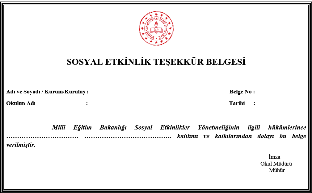Sosyal Etkinlik Teşekkür Belgesi önizleme