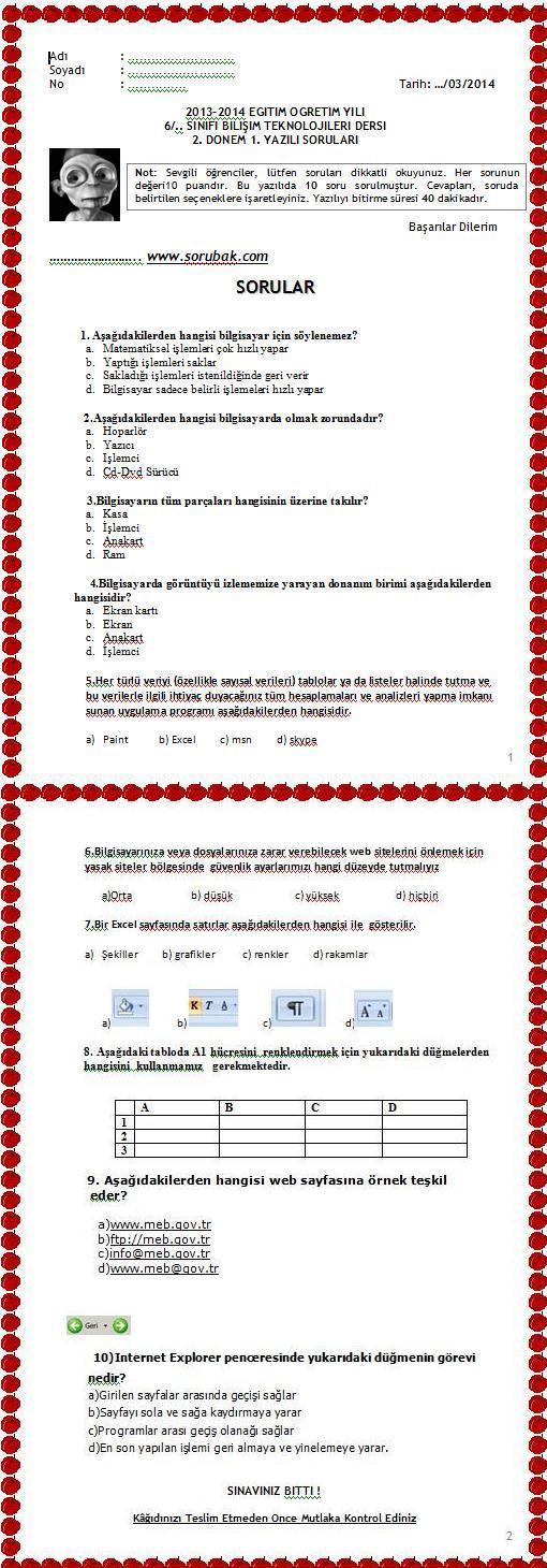 6.sınıf bilişim teknolojileri 2.dönem 1.yazılı soruları