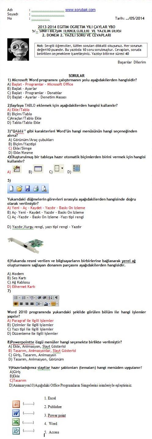 5.sınıf bilişim teknolojileri 2.dönem 2.yazılı soruları