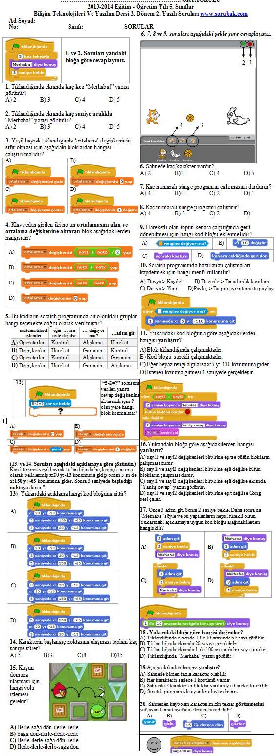 5.sınıf bilişim yazılı soruları