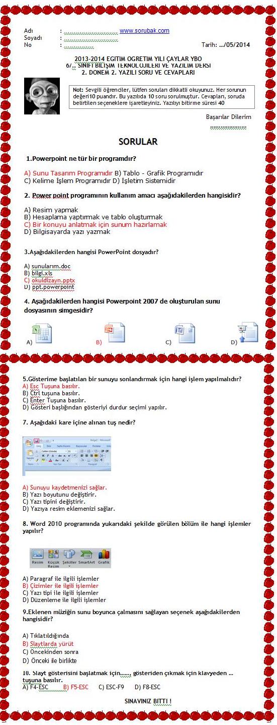 6.sınıf bilişim teknolojileri 2.dönem 2.yazılı soruları