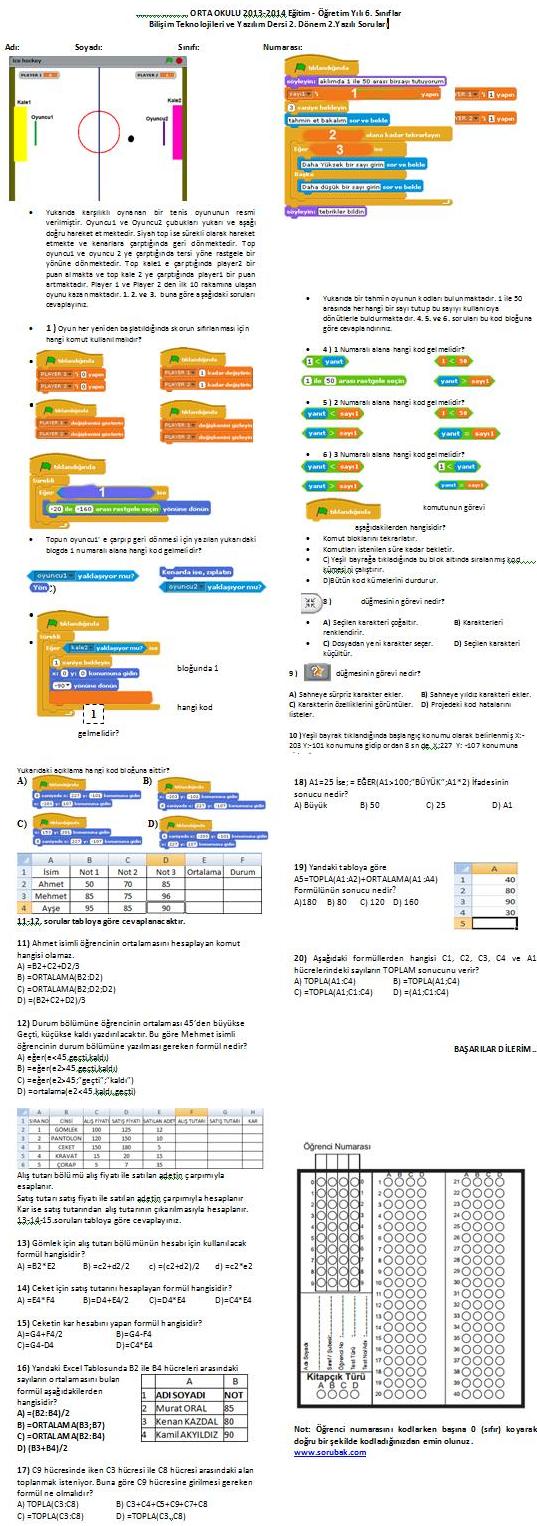 6.sınıf bilişim yazılı soruları