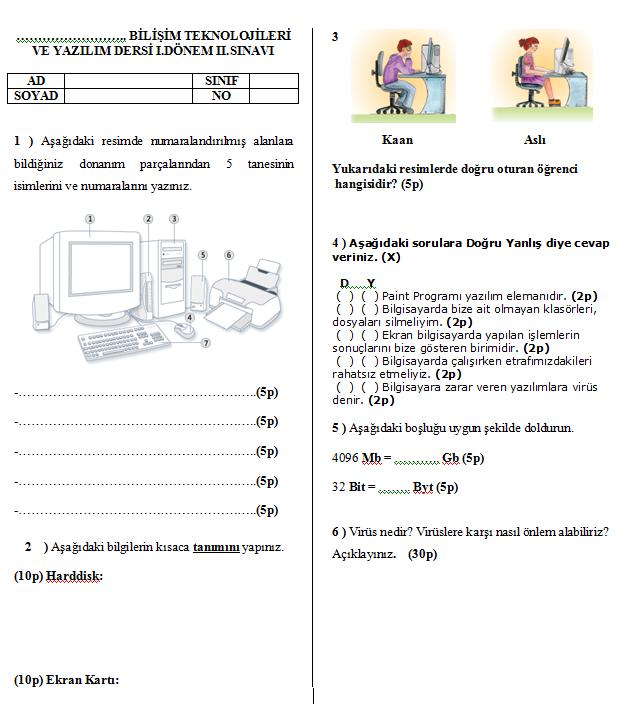 6.sınıf bilişim teknolojileri 1.dönem 2.yazılı soruları 2014-2015