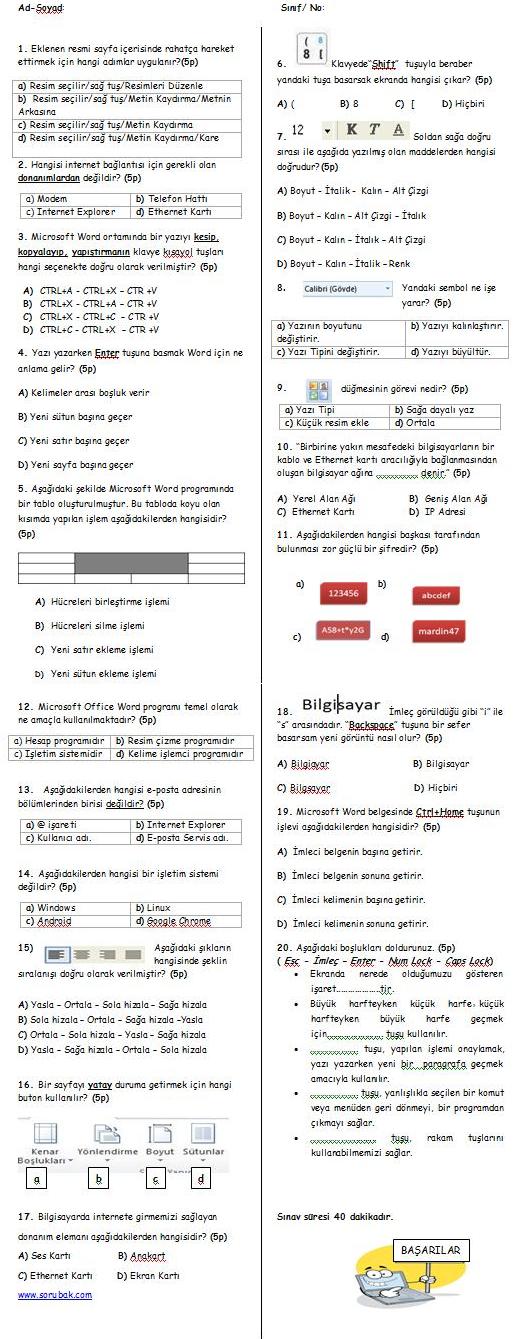 6.sınıf bilişim teknolojileri 1.dönem 2.yazılı soruları