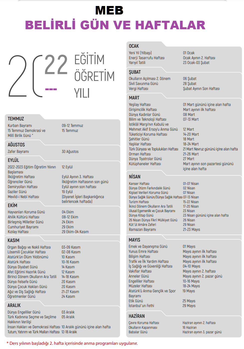 MEB Belirli Gün ve Haftalar Çizelgesi 2025-2026