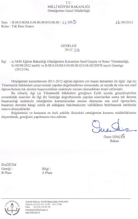 Tek Ders Sınav Genelgesi
